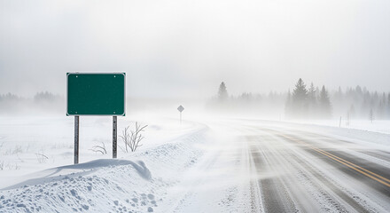 Road sign in blizzard lonely highway in drifting snow, blank green board, icy curve and blowing snow create tension, whiteout weather, winter road danger concept repeating blizzard storm whiteout