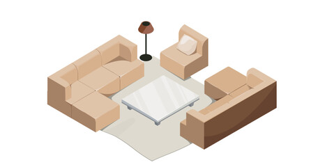 A sophisticated isometric vector illustration showcasing stylish coffee-colored sofas arranged around a sleek glass table. Every element isolated on a white background