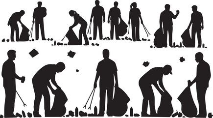 Volunteers cleaning up litter silhouettes for international volunteer day activities and events
