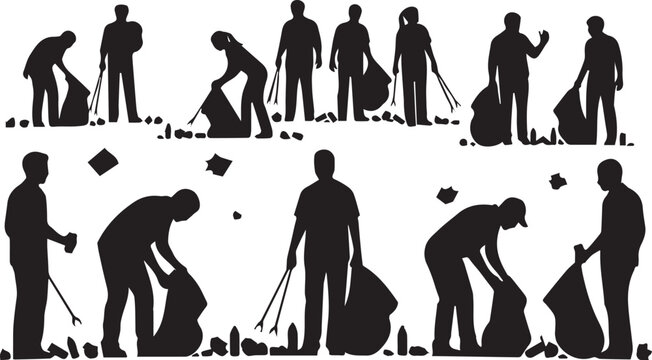 Volunteers cleaning up litter silhouettes for international volunteer day activities and events - Powered by Adobe
