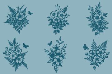 spring flowers Set for pattern design. Hand drawn flower. Wildflower line art bouquets set, wild plant, botanical vector illustration. Eps 10