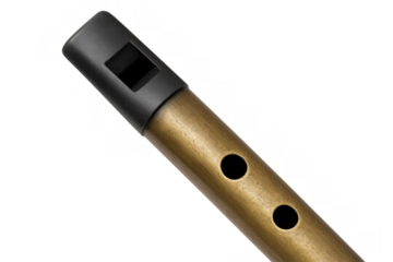 Wooden wind instrument with black mouthpiece and finger holes playing music for education and culture