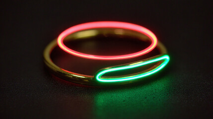 An abstract image of a gold ring with green and red lights, perfect for any tech project. The ring has a unique design that is sure to attract attention.