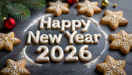 Happy New Year 2026 written on flour and Christmas Decorations Gingerbread cookies on dark stone background. New Year greeting card.