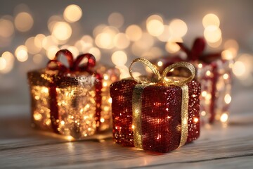 christmas gift boxes wrapped, glowing lights