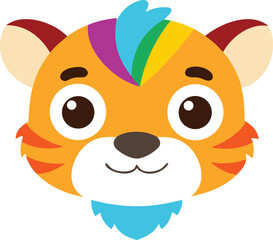 Cute cartoon tiger cub head with rainbow mane and blue beard