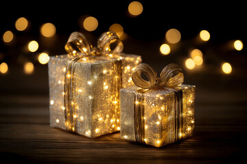 christmas gift boxes wrapped, glowing lights