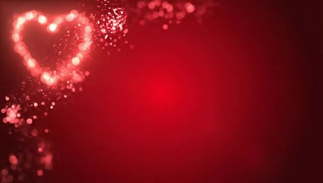 Glowing heart particles forming and fading on a red background.