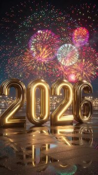 Happy New Year 2026 Celebration with Sparkling Fireworks. Golden Fireworks Display Lighting Up the New Year 2026. Festive Sparkling Numbers 2026 with Colorful Holiday Fireworks