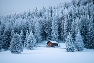 snow covered house snowy winter landscape with pine trees and cabin