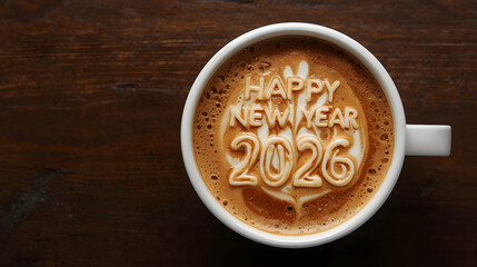 Delightful latte art spells 'Happy New Year 2026' in a cozy white cup, resting on a rustic wooden surface, embodying festive cheer and future hopes