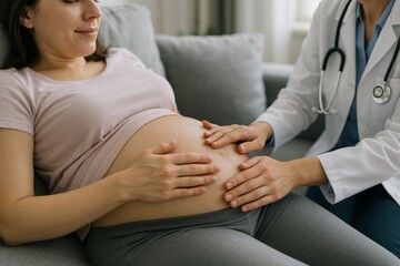Pregnant woman being examined by doctor at home during prenatal checkup visit, highlighting maternal care and healthy pregnancy lifestyle concept. Ai generative