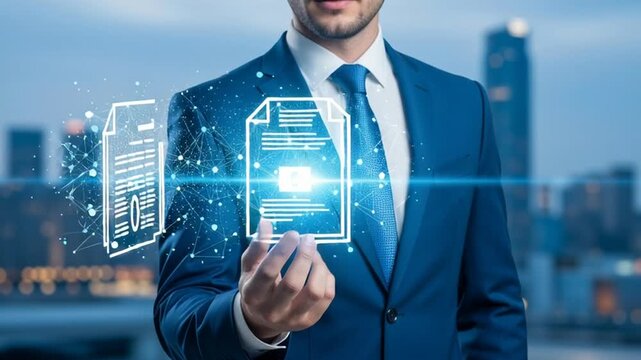 Futuristic corporate executive managing digital media and secure documents with an advanced technology interface