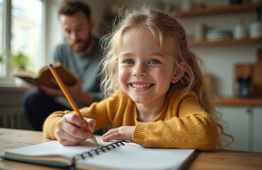 Young girl happily writes in notebook with pencil. Father reads book nearby during home learning. Warm family scene, focus on education, childhood joy. Ideal for illustrating back to school themes