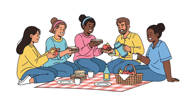 Diverse group of friends enjoying a delightful picnic lunch together outdoors on a sunny day