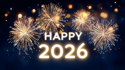 Festive New Year s celeb n for 2026 featuring dazzling golden fireworks and abstract bokeh lights on a dark blue background conveying joy and optimism for the year ahead