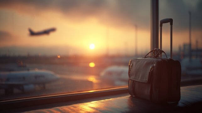 Airport scene with luggage silhouetted against a sunset with a plane taking off
