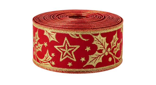 Roll of festive red christmas ribbon with gold stars and holly patterns isolated on transparent background