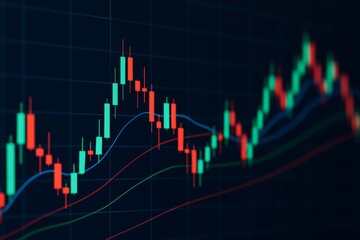 Colorful candlestick stock chart showing price trends and market volatility on a dark background for investment and finance concept illustration. Ai generative