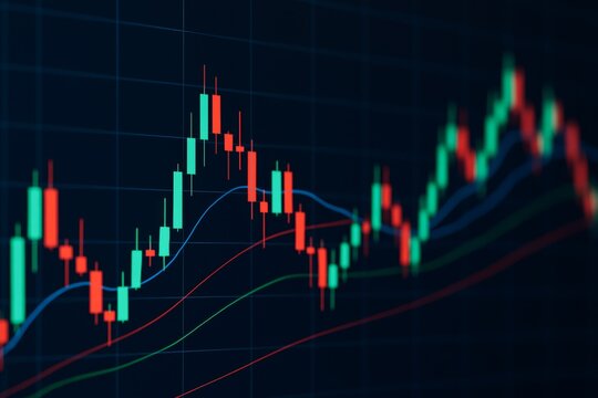 Colorful candlestick stock chart showing price trends and market volatility on a dark background for investment and finance concept illustration. Ai generative