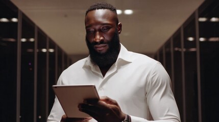 A skilled African American engineer reviews data on a tablet while standing amidst rows of servers. The dimly lit room reflects a high-tech environment, highlighting his concentration and expertise