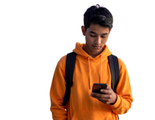 Teen Central Asian boy in orange sweatshirt using smartphone 
