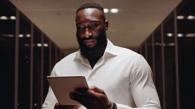 A skilled African American engineer reviews data on a tablet while standing amidst rows of servers. The dimly lit room reflects a high-tech environment, highlighting his concentration and expertise