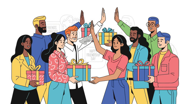Diverse group of friends celebrating friendship day with gifts and high fives in a vibrant illustration - Powered by Adobe