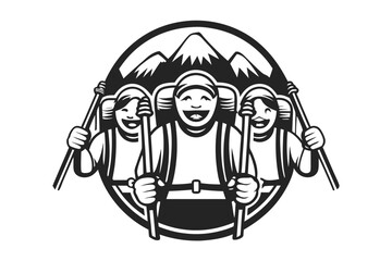 Three cheerful hikers with backpacks and trekking poles enjoy mountain adventure together in monochrome