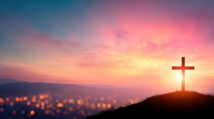 Religious cross on a hill against a vibrant sunset sky. Concept of christianity, spirituality, faith, and hope for Easter.