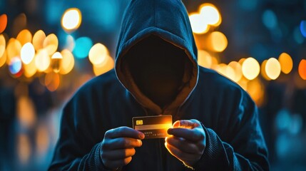 Man in hoodie holding credit card with chip detail, showing cybercrime and data breach concept, for cybersecurity and fraud protection.