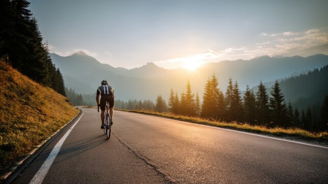Man cycling road at sunrise through mountain landscape. Cyclist riding uphill on scenic route. Fitness, healthy lifestyle, and adventure concept.