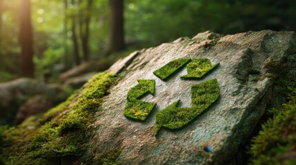 Green recycling symbol made of grass on mossy natural rock in forest. Environmental conservation and sustainable living concept for Earth Day.