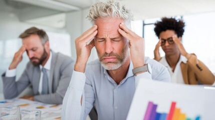 In a bright office, three business professionals sit around a table covered with financial charts