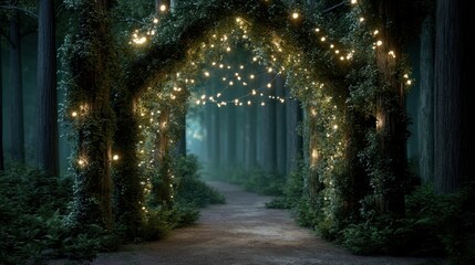Obraz premium Enchanted forest path with glowing string lights forming an archway. Magical woodland scene for fantasy backgrounds, wedding decor, or romantic event.