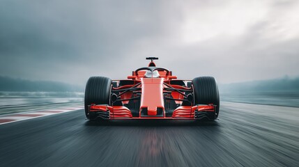 Obraz premium Red formula one race car speeding on asphalt track with blurred motion background. Professional motorsport and racing concept.
