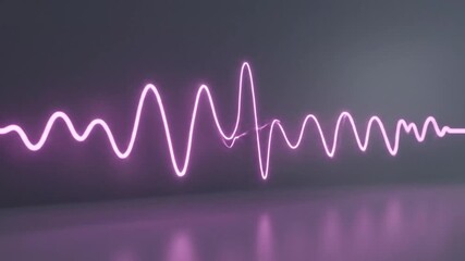 Glowing purple neon line representing a sound wave from a microphone, a futuristic icon for audio recording, music frequency, and digital voice technology on a dark reflective background - Powered by Adobe