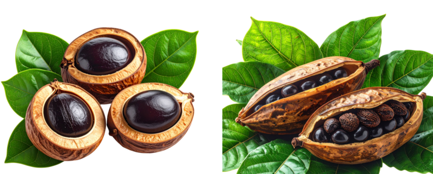 Red Guarana Pods with Seeds and Foliage – Herbal Energy Fruit Isolated