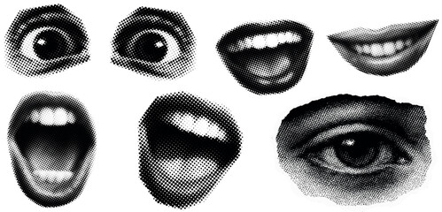 Retro Halftone Eye and Lips Collage Elements – Vintage Dotted Pop Art Cutout Graphics for Mixed Media Design © Haider