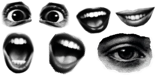 Fotobehang Pop Art Retro Halftone Eye and Lips Collage Elements – Vintage Dotted Pop Art Cutout Graphics for Mixed Media Design  © Haider