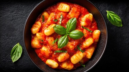 Delicious potato gnocchi in tomato sauce garnished with basil in a bowl, a traditional italian pasta dish. Healthy comfort food.