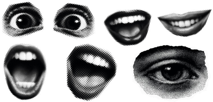 Fototapeta Retro Halftone Eye and Lips Collage Elements – Vintage Dotted Pop Art Cutout Graphics for Mixed Media Design