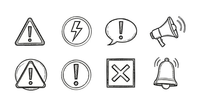 Set of hand drawn warning and notification icons in sketch style