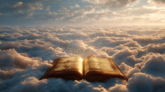 Open old book floating in a vast expanse of clouds with light rays and glowing text. Heavenly knowledge and wisdom concept for spiritual content.