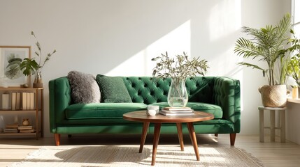 Comfortable green velvet tufted sofa in a modern living room interior with bright sunlight. Stylish home decor for relaxation.