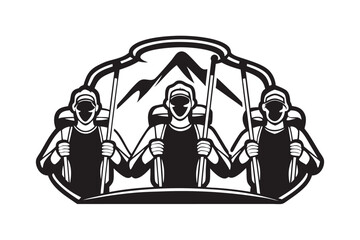 Three hikers carry trekking poles while climbing mountains in a monochrome stylized vector