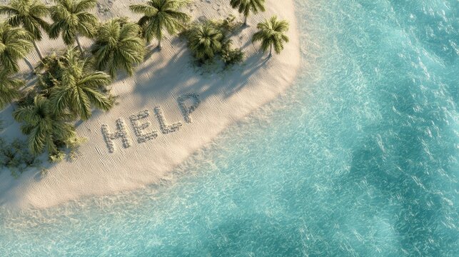 Word help written in sand on a desert island beach with palm trees. Urgent message for assistance or crisis concept application.