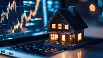 Miniature house resting on laptop with financial graph on screen. Real estate investment analysis and property market data concept for housing.
