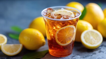 Fototapeta premium Refreshing iced tea with lemon slices and ice in plastic cup surrounded by fresh lemons. Cold drink for summer refreshment.