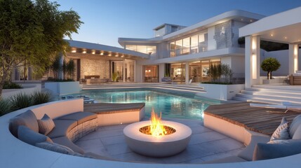 Modern luxury house with a swimming pool and fire pit at dusk, providing an elegant outdoor living space for relaxation and entertainment.